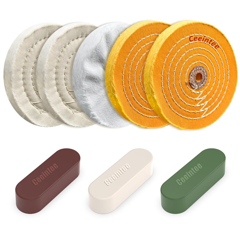 Ceeintee 8 Pack 6 Inch Polishing Wheel for Bench Grinder, Include 1/2" Arbor Hole 2 Yellow Cotton(42Ply), 2 White Cotton Polish Wheels(50Ply), 1 Soft Flannel Buffing Wheel(30Ply)& 3 Polishing Compound - Image 1